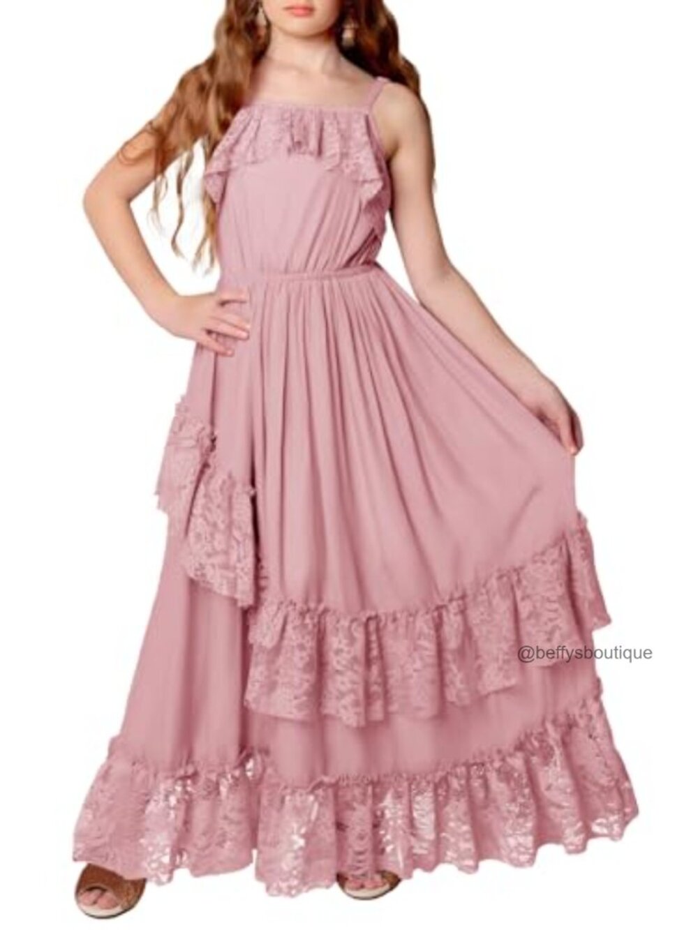 Girls Formal Maxi Dress with Pockets, Square Neck, Sleeveless, A-Line, Lined,